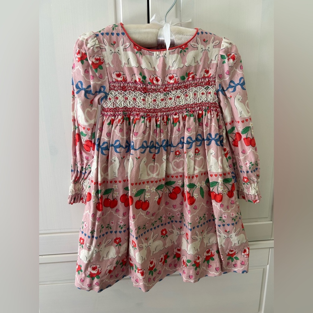 Mini Boden Pink Smocked Bunny & Cherry Print Dress